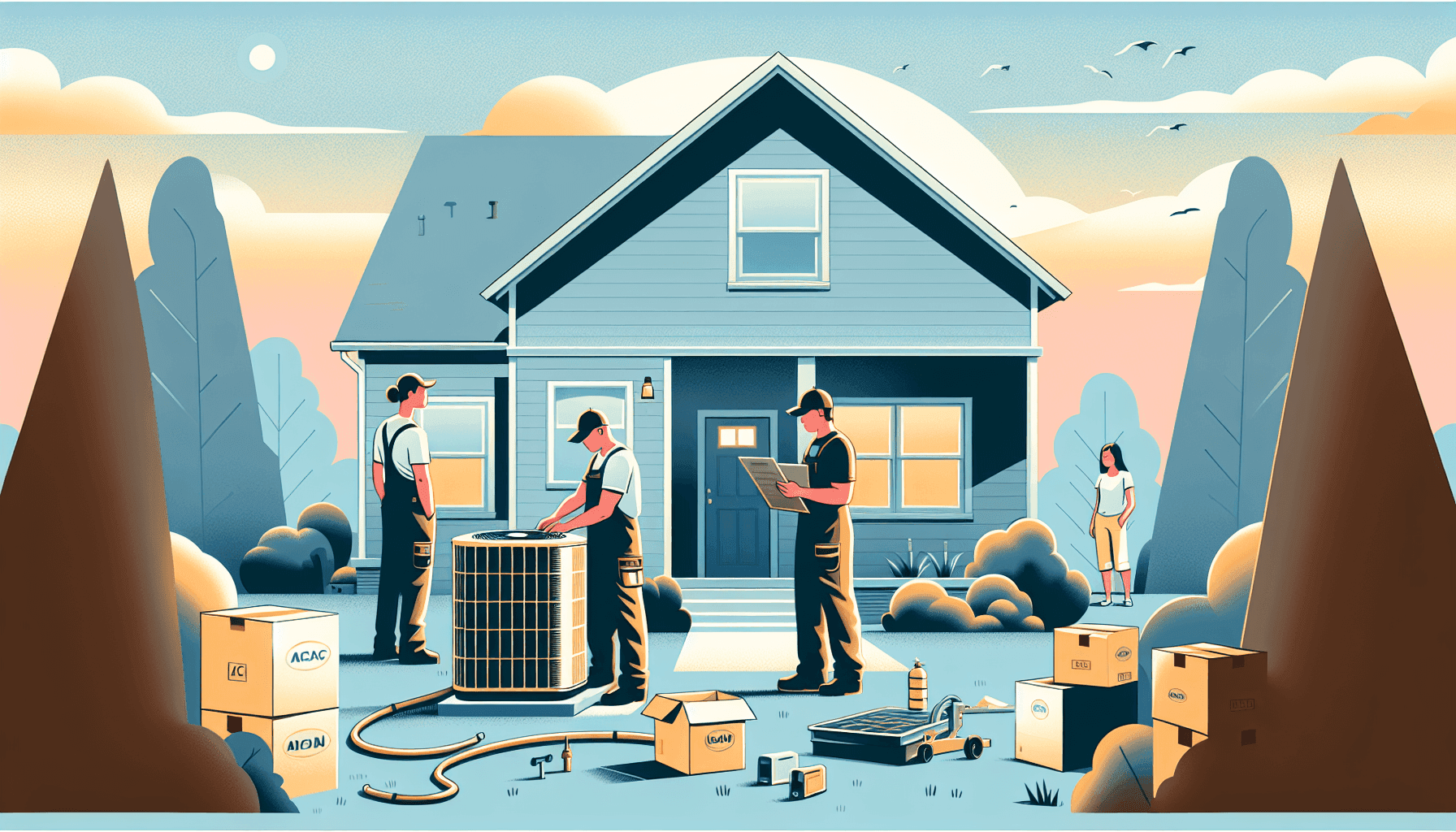 HVAC team installing new AC unit in a house