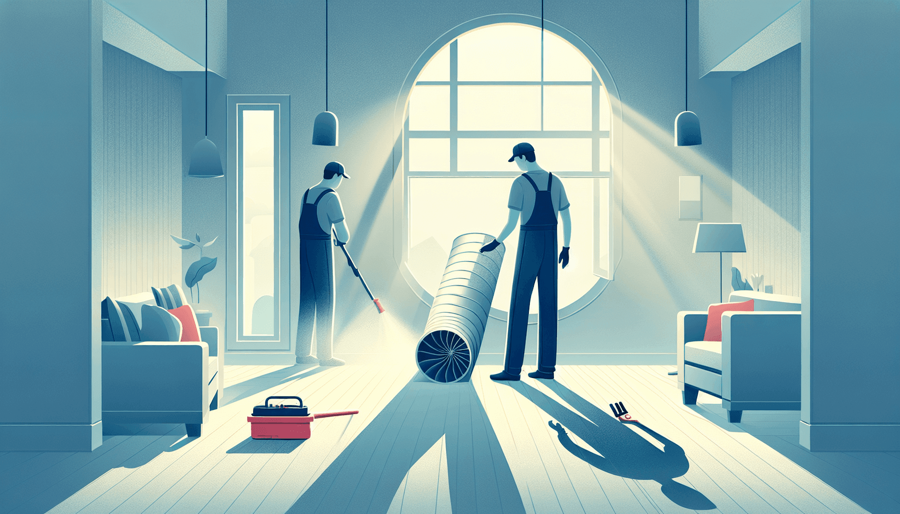 Technician cleaning air ducts in a modern home